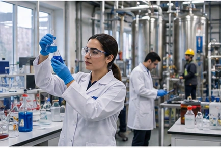 Kimya laboratuvarında güvenlik ekipmanı kullanan uzman