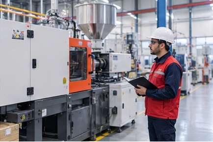 Plastik üretim tesisinde inceleme yapan iş güvenliği uzmanı