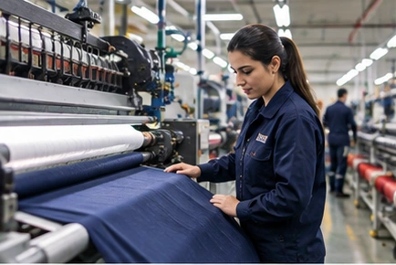Tekstil üretim alanında kumaş makineleri yanında çalışan uzman
